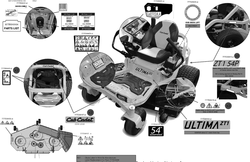 Label Map Diagram and Parts List for ZT1-54PKW (17AIEACMA10)(2022) Cub Cadet Lawn Tractor